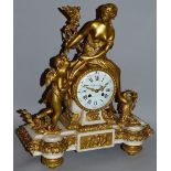 A SUPERB QUALITY 18TH CENTURY FRENCH WHITE MARBLE AND GILDED ORMOLU CLOCK with eight day movement by