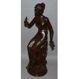 EMILE PICAULT (1839-?) FRENCH "M MORIA".  A GOOD BRONZE OF A SEMI CLAD YOUNG LADY seated on a wave.