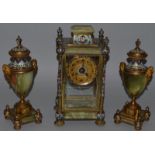 A SUPERB 19TH CENTURY FRENCH BRONZE CHAMPLEVE ENAMEL AND GREEN ONYX GARNITURE, the clock with rich