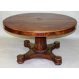 A LARGE WILLIAM IV MAHOGANY CIRCULAR TILT TOP DINING TABLE with two section top on a bold turned
