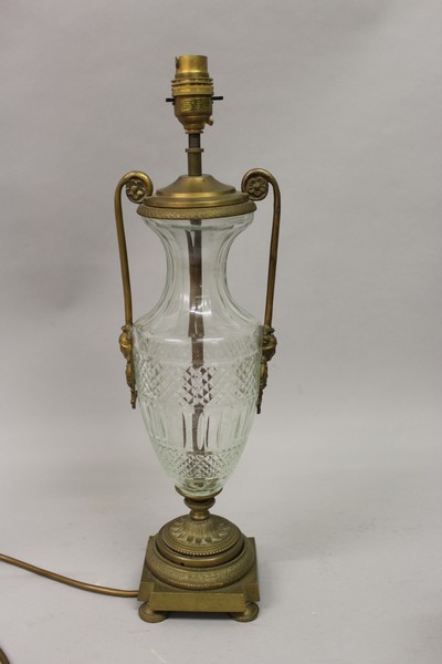 A HOBNAIL CUT URN SHAPED LAMP with ormolu mounts 18ins high.