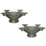 A PAIR OF RENÉ LALIQUE GLASS DUEL CENTREPIECES AND CANDELABRA of circular form in the “FAISANS