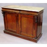 A VICTORIAN ROSEWOOD CHIFFONIER with white marble top, two cushion drawers over a pair of panel