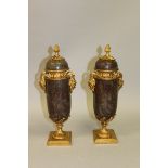 A VERY GOOD PAIR OF LOUIS XVI GREY MARBLE AND ORMOLU TAPERING URNS AND COVERS with pineapple