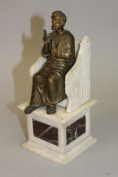 A GRAND TOUR BRONZE AND MARBLE FIGURE OF A MAN sitting in a marble chair 9ins high.
