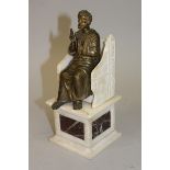 A GRAND TOUR BRONZE AND MARBLE FIGURE OF A MAN sitting in a marble chair 9ins high.