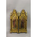 A PAIR OF ITALIAN FRAMED RELIGIOUS PICTURES, after FRA. ANGELICO. 26ins long, 9ins wide.
