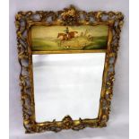 A CHIPPENDALE STYLE 19TH CENTURY MIRROR, the top with a painting of a hunt. 3ft 5ins high, 2ft