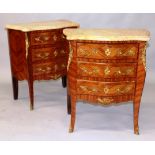 A GOOD PAIR OF LOUIS XVI DESIGN SERPENTINE FRONTED PETIT COMMODES with marble tops and bombe fronts,