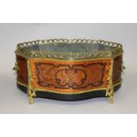 A LOUIS XVI STYLE 19TH CENTURY BOULLE OAK PLANTER with pierced rim, tin liner, supported on