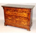 A 19TH CENTURY CONTINENTAL WALNUT COMMODE with grey and white marble top, fitted with a long
