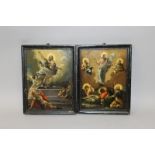 A GOOD PAIR OF DOUBLE SIDED ICONS, Possibly RUSSIAN, framed 10.5ins x 7.5ins.