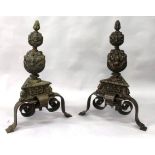 A SUPERB LARGE PAIR OF BRONZE ANDIRONS, early continental, the two bulbous cones decorated with