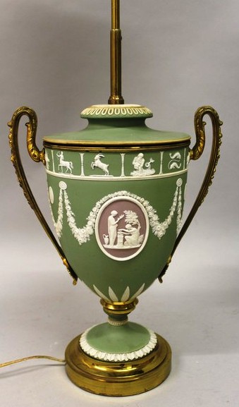 A WEDGWOOD GREEN AND WHITE JASPER URN SHAPED LAMP converted to electricity.