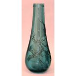 A CHINESE TURQUOISE GLASS VASE, the tall pear-form body etched with birds near and on a pine branch,