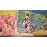 JAPANESE WOODBLOCK PRINTS, a coll’n of decorative subjects, printed on CRÊPE PAPER, 11 loose and 2