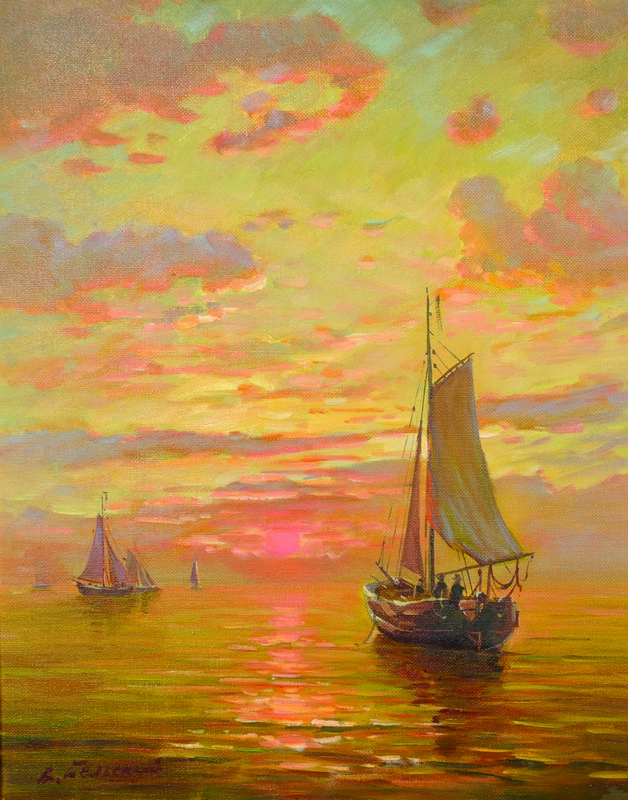 Vladimir Belsky (1949-  ) Russian. Sailing Boats at Sunset, Oil on Canvas, Signed in Cyrillic, and