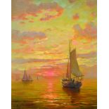 Vladimir Belsky (1949-  ) Russian. Sailing Boats at Sunset, Oil on Canvas, Signed in Cyrillic, and