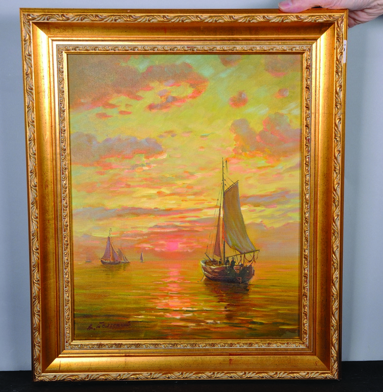 Vladimir Belsky (1949-  ) Russian. Sailing Boats at Sunset, Oil on Canvas, Signed in Cyrillic, and - Image 2 of 5