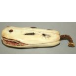 AN EROTIC SIGNED IVORY & SHIBAYAMA MODEL OF A POD, inlaid in mother-of-pearl and hardstones with a