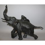 A GOOD LARGE SIGNED JAPANESE MEIJI PERIOD BRONZE GROUP OF TWO TIGERS ATTACKING AN ELEPHANT BY