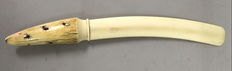 A LARGE JAPANESE SHIBAYAMA & IVORY LETTER OPENER, the handle inlaid in mother-of-pearl and