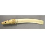 A LARGE JAPANESE SHIBAYAMA & IVORY LETTER OPENER, the handle inlaid in mother-of-pearl and