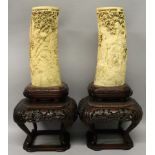 A LARGE PAIR OF FINE QUALITY JAPANESE MEIJI PERIOD CARVED IVORY TUSK VASES, each mounted on a