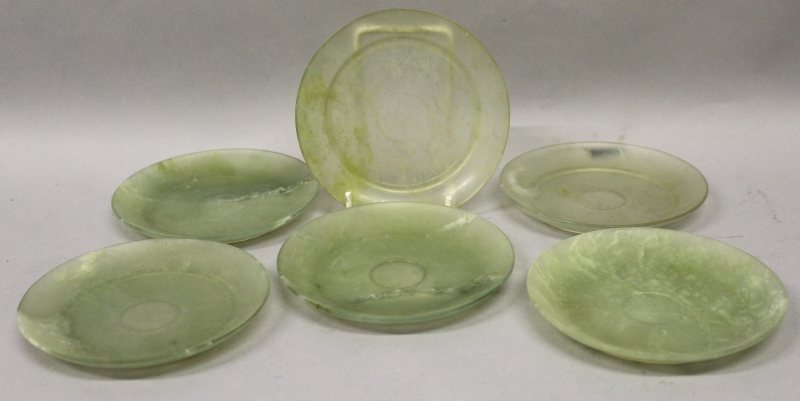 A 20TH CENTURY CHINESE GREEN JADE-LIKE SET OF CUPS & SAUCERS, comprising six flaring cups with - Image 2 of 3