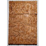 A 19TH CENTURY CHINESE SANDALWOOD CARD CASE, carved all over in detailed relief with scenes of