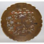 A LARGE SIGNED JAPANESE MIXED METAL MEIJI/TAISHO PERIOD CHARGER, the shallow interior decorated with