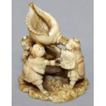 A GOOD QUALITY 19TH CENTURY SIGNED JAPANESE IVORY NETSUKE OF A GROUP OF BOYS, two of the boys
