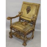 A GOOD 17TH CENTURY CARVED AND GILDED THRONE CHAIR with needlework back and seat, acanthus carved