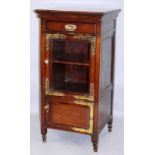 A 19TH CENTURY MAHOGANY PEDESTAL MUSIC CABINET with a drawer above a glazed door and a further small