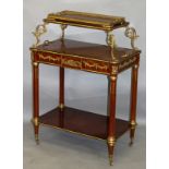 A FRENCH STYLE MAHOGANY STAINED AND BURR WOOD VENEERED TWO TIER TABLE with ormolu mount and