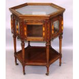 A FRENCH STYLE BEECH FRAMED HEXAGONAL SHAPED VITRINE TABLE with six slender legs united by an