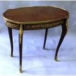 A GOOD FRENCH LINKE DESIGN MAHOGANY OVAL SHAPED TABLE with starburst top, ormolu mounts and