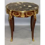 A GOOD LINKE DESIGN KINGWOOD, ORMOLU AND MARBLE CIRCULAR CENTRE TABLE with cabriole legs. 2ft 6ins