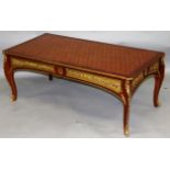 A LINKE DESIGN MAHOGANY AND ORMOLU COFFEE TABLE, with marquetry inlaid top, above a frieze mounted