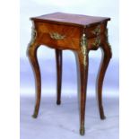 A GOOD 18TH/19TH CENTURY FRENCH ORMOLU ROSEWOOD AND TULIP WOOD WORK TABLE, with quarter veneered