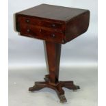 AN EARLY 19TH CENTURY DROP FLAP PEDESTAL WORK TABLE, with two drawers, tapering square column