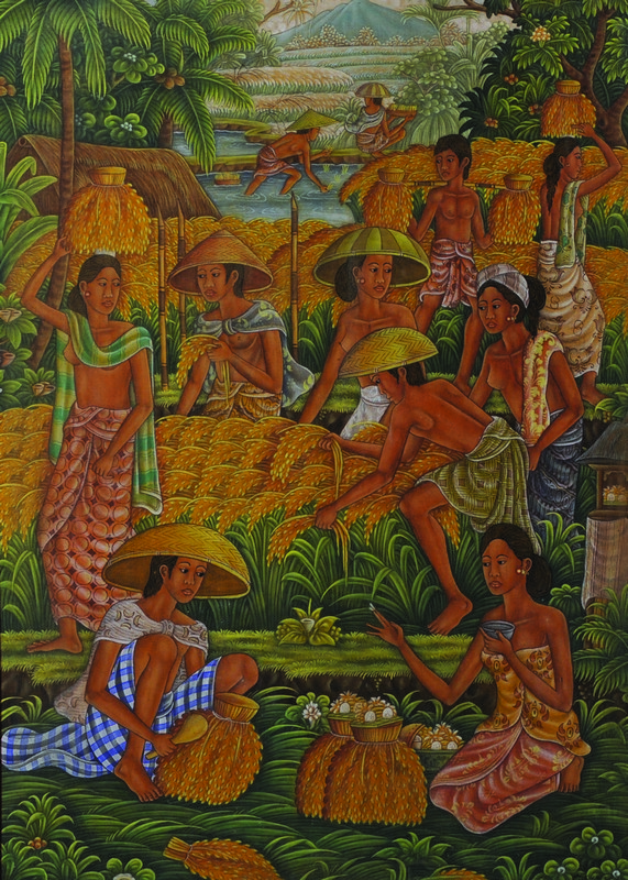 Ny Soeaea (20th Century) Balinese. Figures Harvesting, Oil on Canvas laid down, Signed and Inscribed