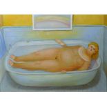 20th Century English School. A Naked Lady in a Bath, Oil on Canvas, 11.5" x 15.5".