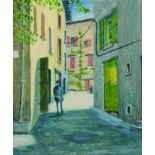 20th Century French School. A Back Street with a Walking Man, Mixed Media, 13.25" x 11".