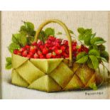 20th Century Russian School. Still Life with Strawberries in a Basket, Oil on Artists Board,