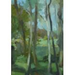 20th Century English School. Trees in a Landscape, Oil on Board, 14" x 10".