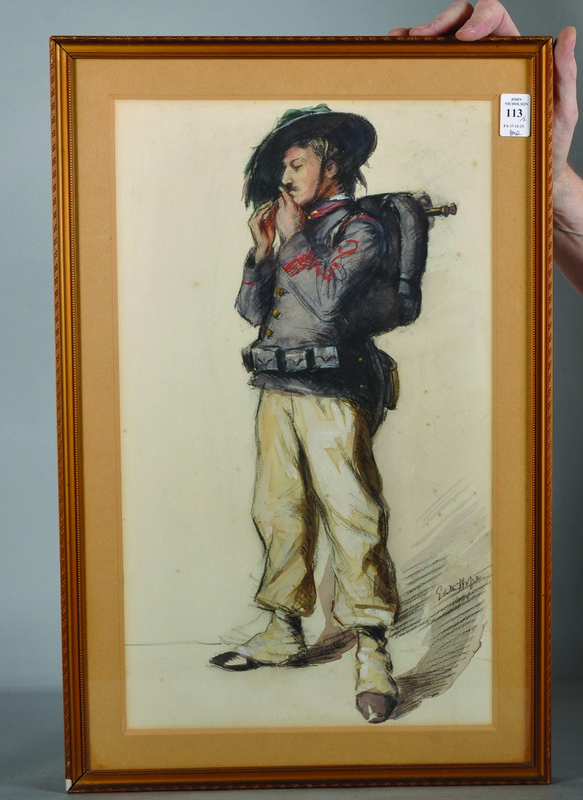 Edith Hope (19th - 20th Century) British. Study of a Uniformed Soldier Lighting a Cigar, Mixed - Image 2 of 6