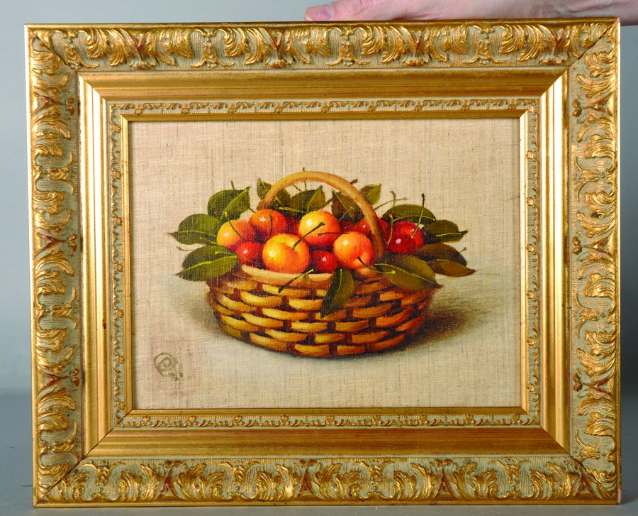 20th Century Russian School. Still Life with Cherries in a Basket, Oil on Artists Board, Signed in - Image 2 of 5