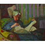 Charles James McCall (1907-1989) British. "Aunt Belle Reading", Oil on Board, Signed and Dated '