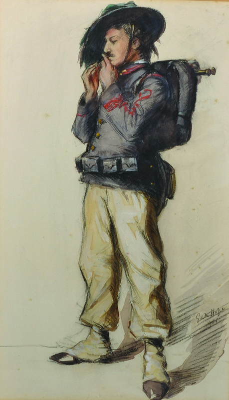 Edith Hope (19th - 20th Century) British. Study of a Uniformed Soldier Lighting a Cigar, Mixed